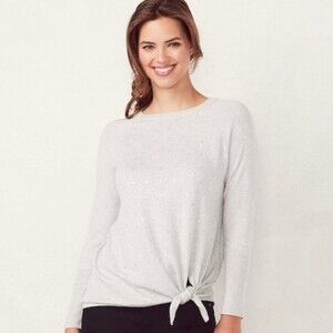 LC Lauren Conrad Gray Sequin Tie Front Sweater Size Large